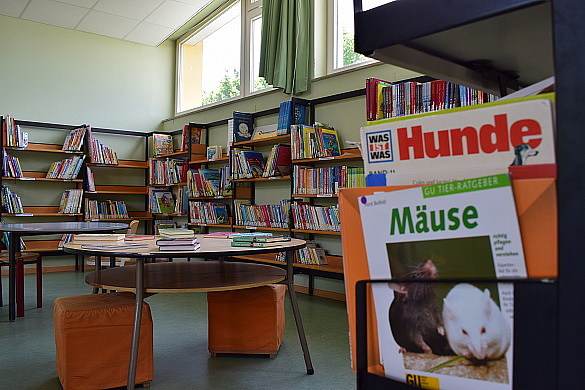 Bücherei mit Regalen und einem Tisch mit Stühlen